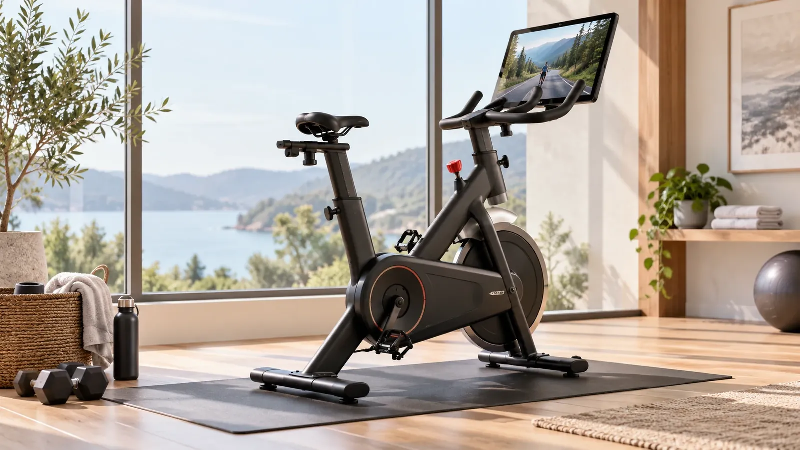 A connected exercise bike with a screen in a bright home studio overlooking the water