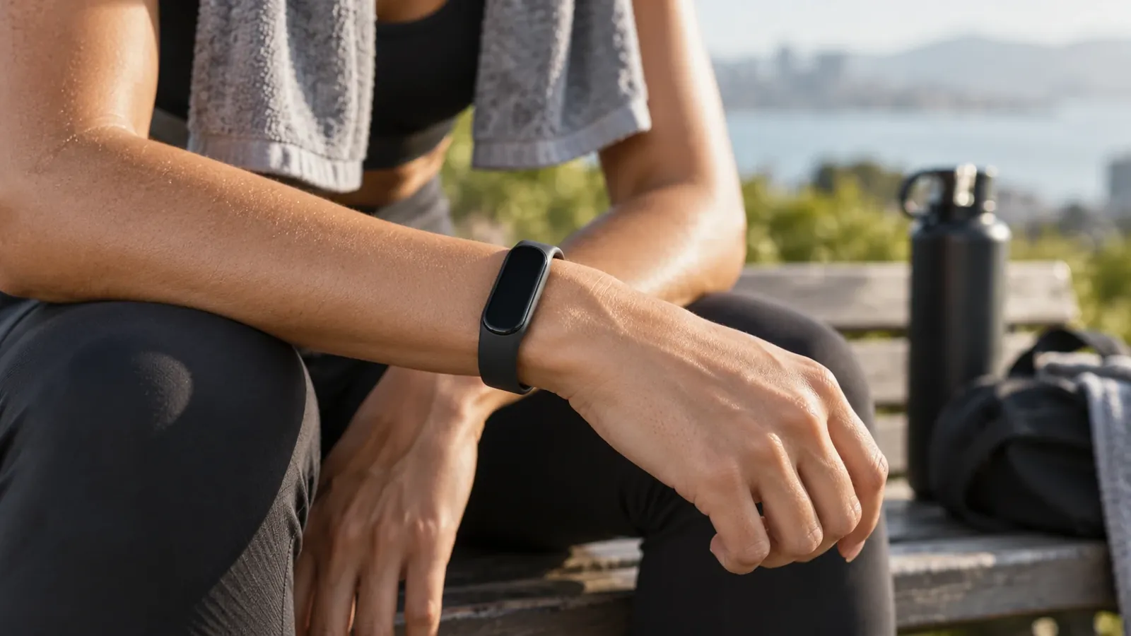A runner resting on a bench wearing a screenless fitness wristband