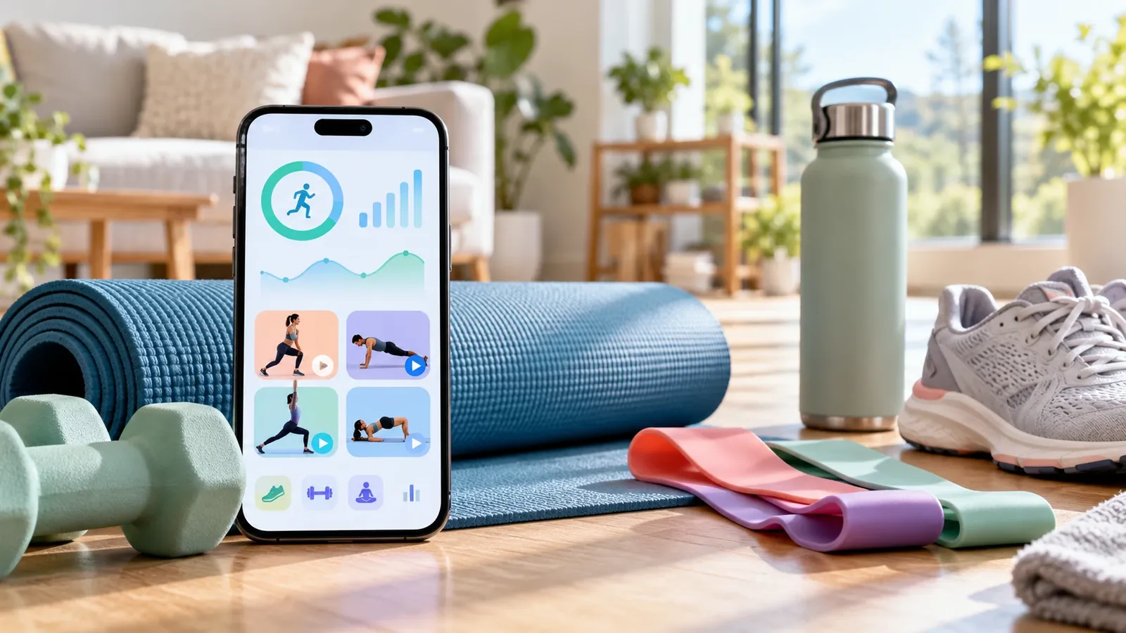A phone showing a workout app beside a yoga mat, dumbbells, resistance bands and trainers in a sunny living room