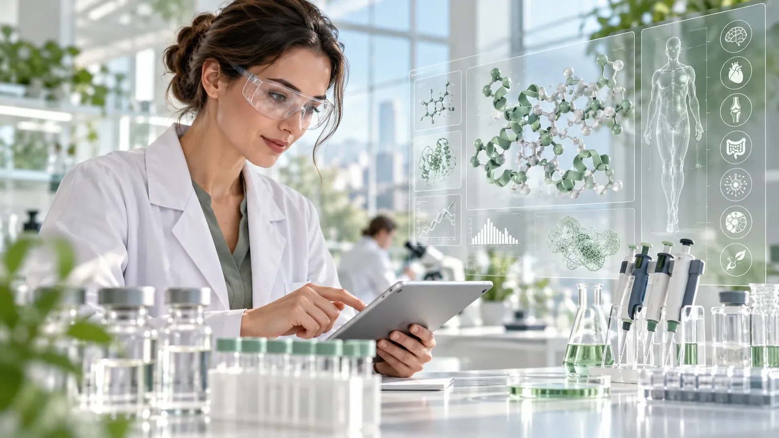 A researcher in safety glasses reviews peptide structure data on a tablet in a bright laboratory