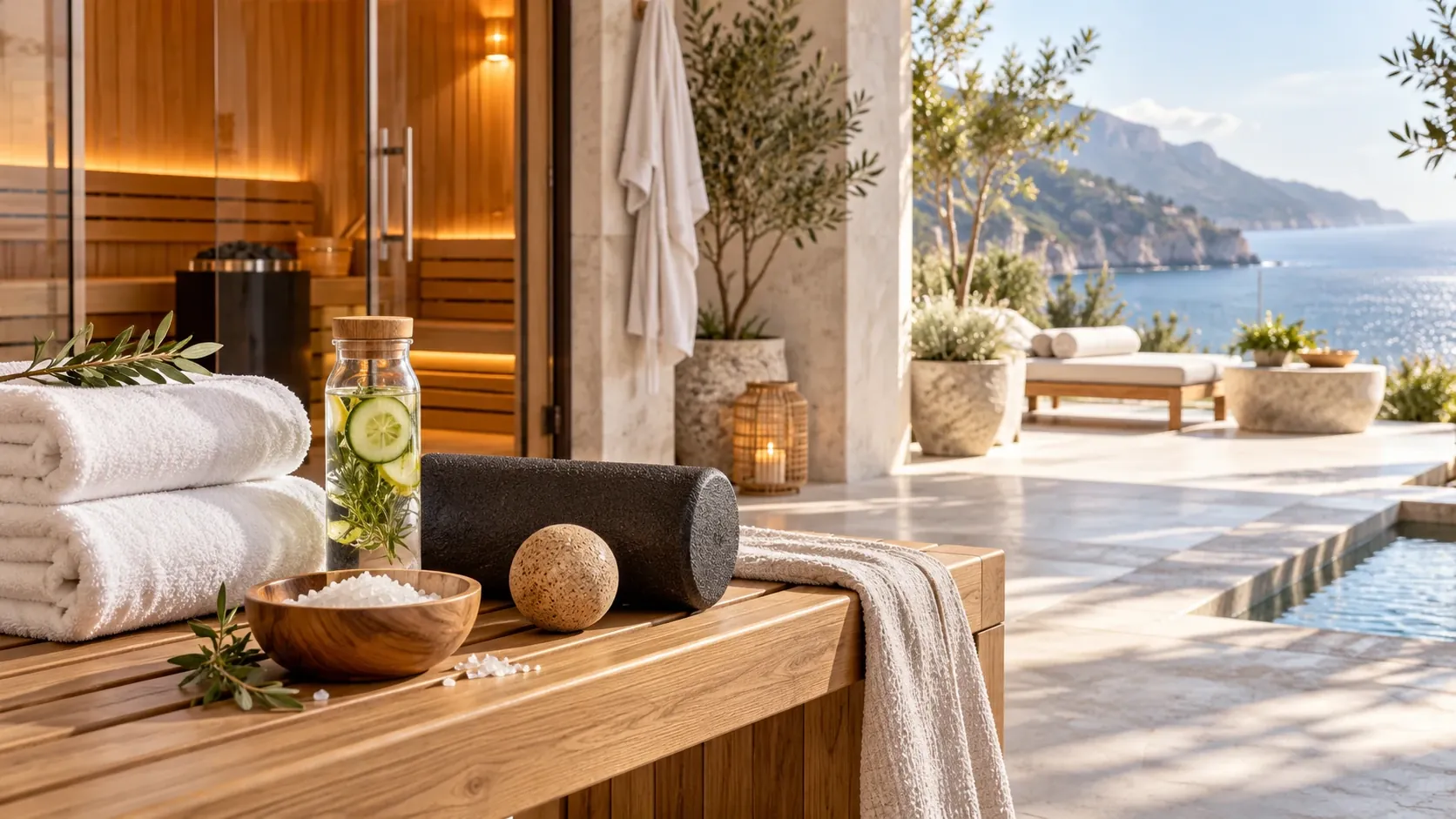 Towels, foam roller, and infused water beside a sauna on a seaside terrace
