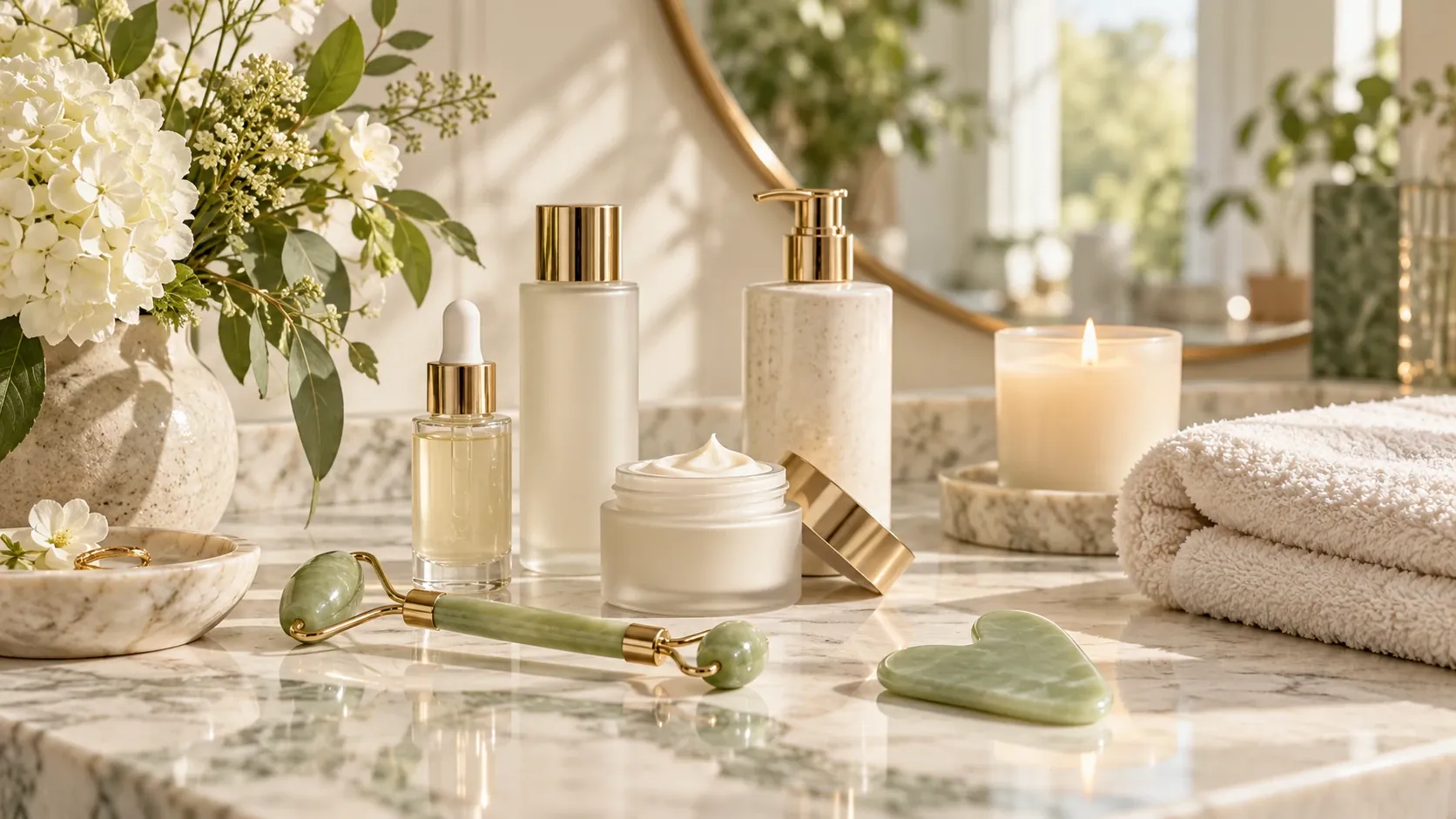 Skincare bottles, jade roller, and gua sha on a marble counter