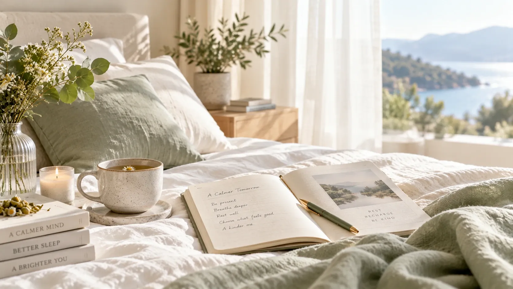 Open journal and chamomile tea on white bedding