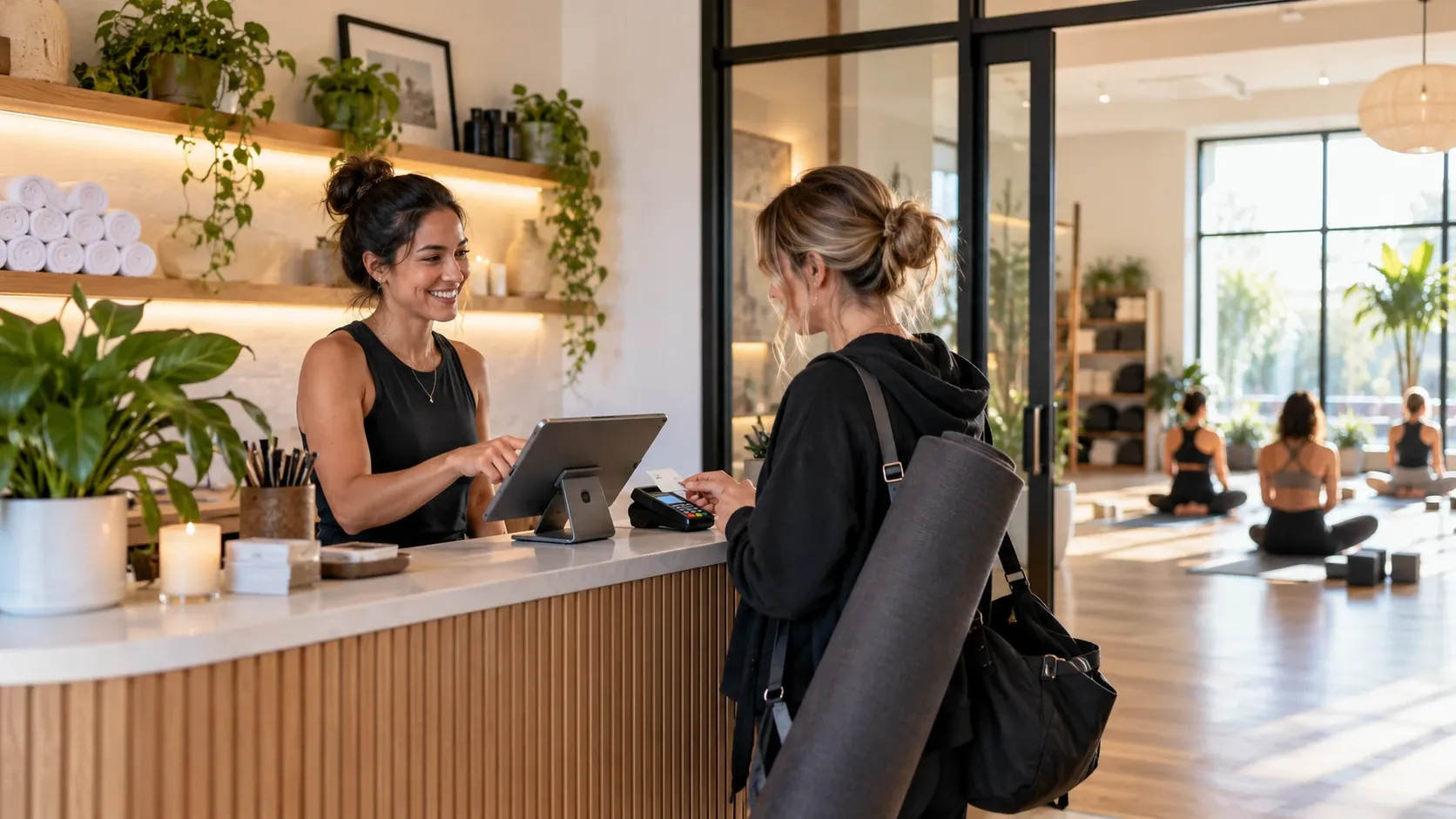 A studio receptionist helps a client pay at a tablet on a wooden front desk, with a class in progress behind