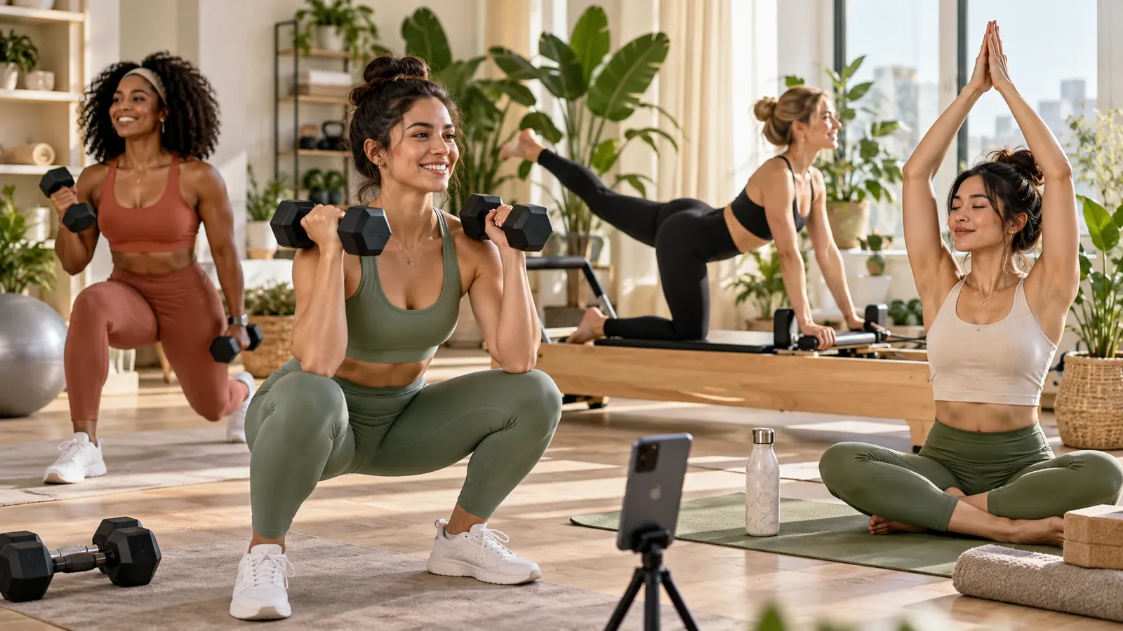 Women work out at home with dumbbells, a Pilates reformer and a yoga mat while following a phone on a tripod